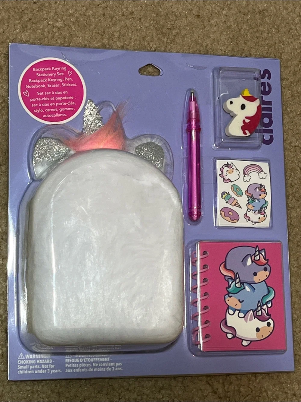 Claire’s Chubby Unicorn 4” Backpack Stationery Set | Plush Keychain NWT